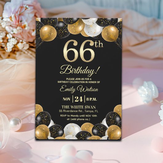 Elegant Black Gold Glitter 66th Birthday Party Kaart