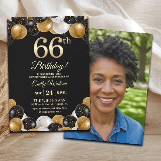 Elegant Black Gold Glitter 66th Birthday Photo Kaart