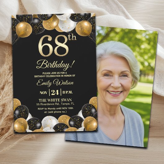 Elegant Black Gold Glitter 68th Birthday Photo Kaart