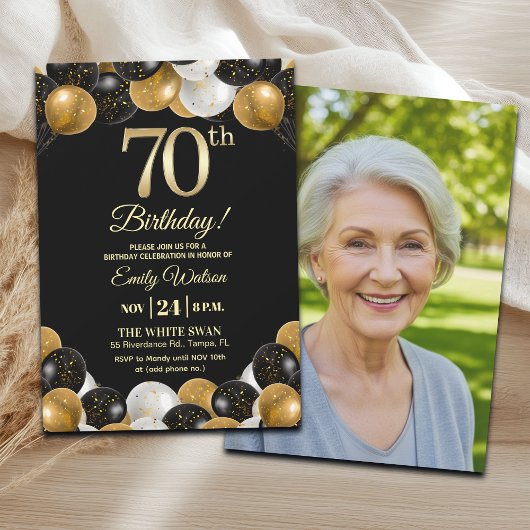 Elegant Black Gold Glitter 70th Birthday Photo Kaart