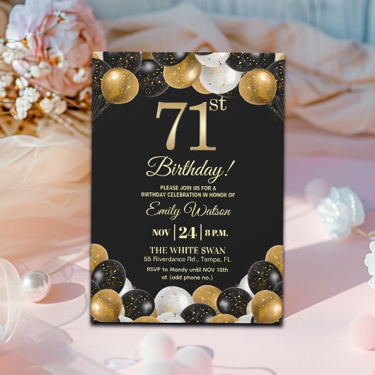 Elegant Black Gold Glitter 71st Birthday Party Kaart