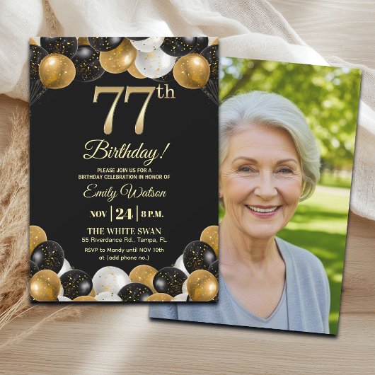 Elegant Black Gold Glitter 77th Birthday Photo Kaart