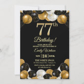 Elegant Black Gold Glitter 77th Birthday Photo Kaart (Voorkant)