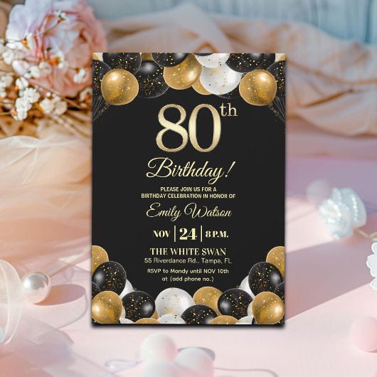 Elegant Black Gold Glitter 80th Birthday Kaart