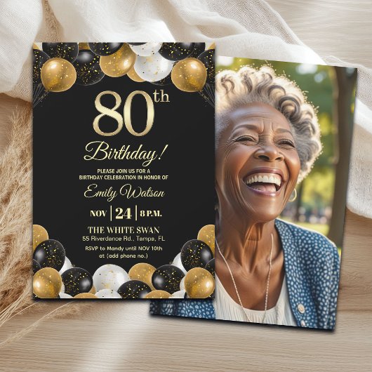 Elegant Black Gold Glitter 80th Birthday Photo Kaart