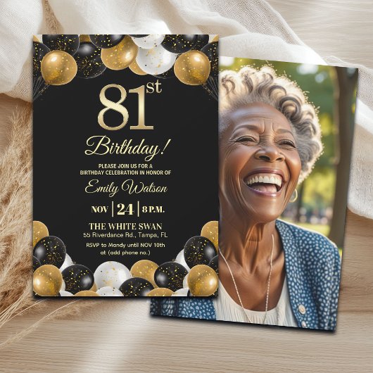 Elegant Black Gold Glitter 81st Birthday Photo Kaart