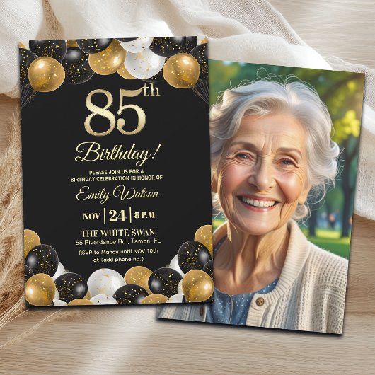 Elegant Black Gold Glitter 85th Birthday Photo Kaart