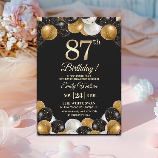 Elegant Black Gold Glitter 87th Birthday  Kaart