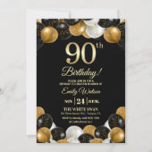 Elegant Black Gold Glitter 90th Birthday Photo Kaart (Voorkant)