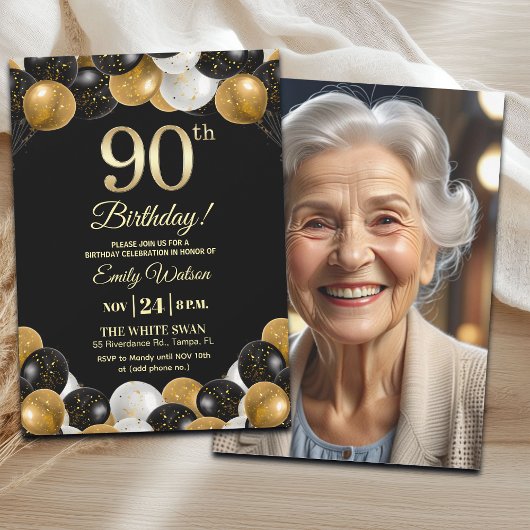 Elegant Black Gold Glitter 90th Birthday Photo Kaart
