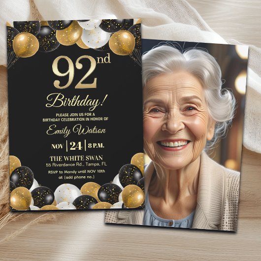 Elegant Black Gold Glitter 92nd Birthday Photo Kaart