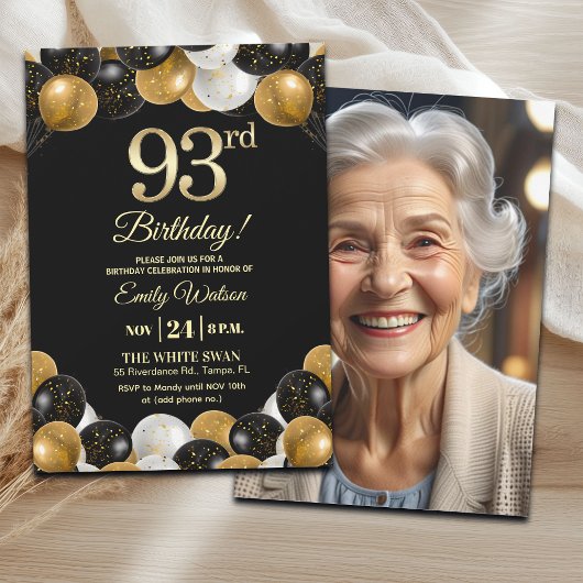Elegant Black Gold Glitter 93rd Birthday Photo Kaart