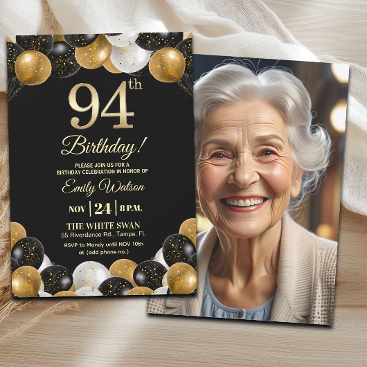 Elegant Black Gold Glitter 94th Birthday Photo Kaart