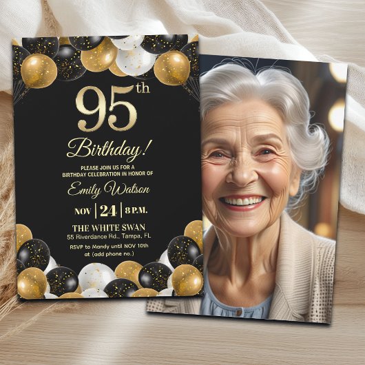 Elegant Black Gold Glitter 95th Birthday Photo Kaart