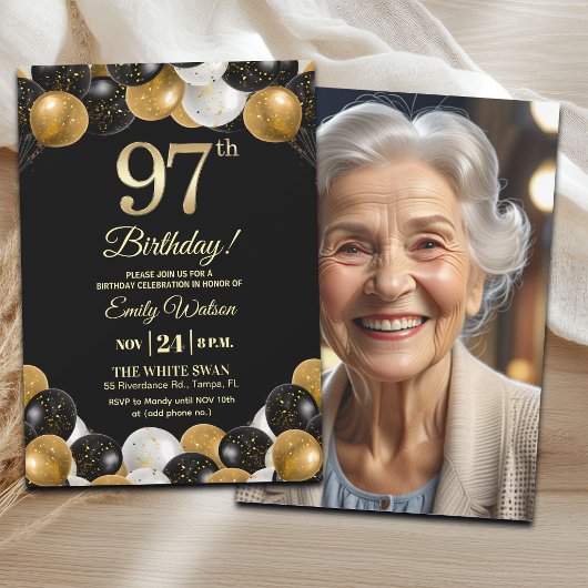 Elegant Black Gold Glitter 97th Birthday Photo Kaart