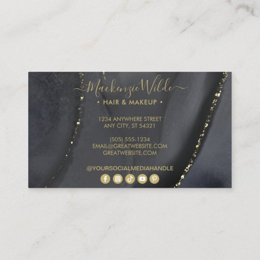Elegant Black Gold Glitter Agate Marble Chic Visitekaartje (Achterkant)