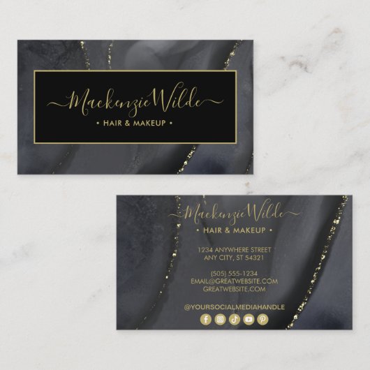 Elegant Black Gold Glitter Agate Marble Chic Visitekaartje (Voorkant / Achterkant)