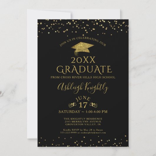 Elegant Black Gold Glitter Confetti Afstuderen Kaart (Voorkant)