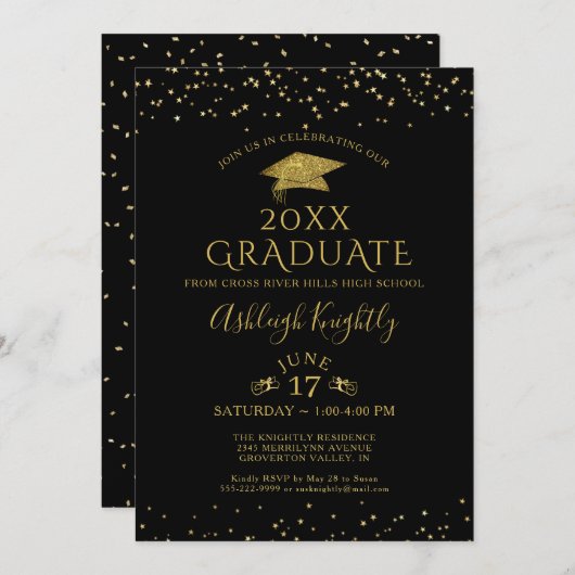 Elegant Black Gold Glitter Confetti Afstuderen Kaart