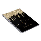 Elegant Black Gold Glitter Drift 2 Monogram Script Notitieboek (Rechterzijde)
