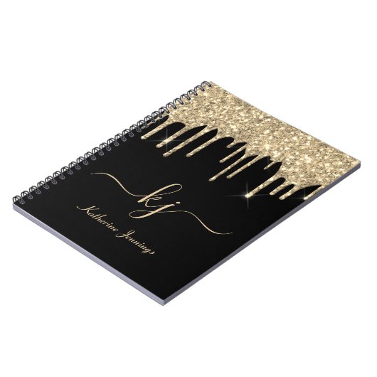 Elegant Black Gold Glitter Drift 2 Monogram Script Notitieboek (Linkerzijde)