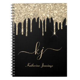 Elegant Black Gold Glitter Drift 2 Monogram Script Notitieboek