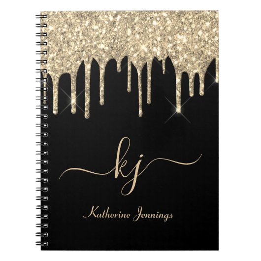 Elegant Black Gold Glitter Drift 2 Monogram Script Notitieboek (Voorkant)