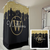 Elegant Black Gold Glitter Drift Monogram Script Douchegordijn