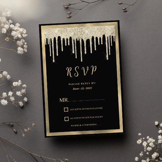 Elegant black gold glitter drips RSVP  Kaart