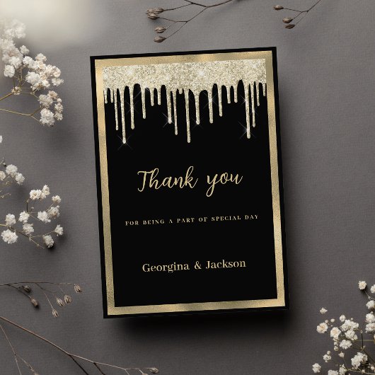 Elegant black gold glitter drips Thank You  Kaart