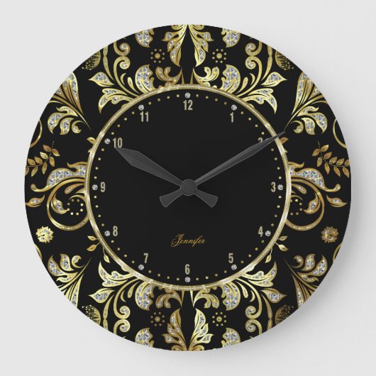 Elegant Black & Gold Glitter Floral Damasking 2 Grote Klok (Voorkant)