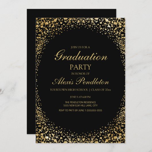 Elegant Black Gold Glitter Graduparty Kaart (Voorkant / Achterkant)