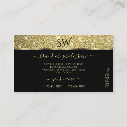 Elegant Black Gold Glitter Luminous Stars Monogram Visitekaartje (Achterkant)