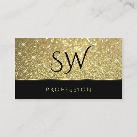 Elegant Black Gold Glitter Luminous Stars Monogram Visitekaartje (Voorkant)