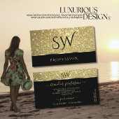 Elegant Black Gold Glitter Luminous Stars Monogram Visitekaartje