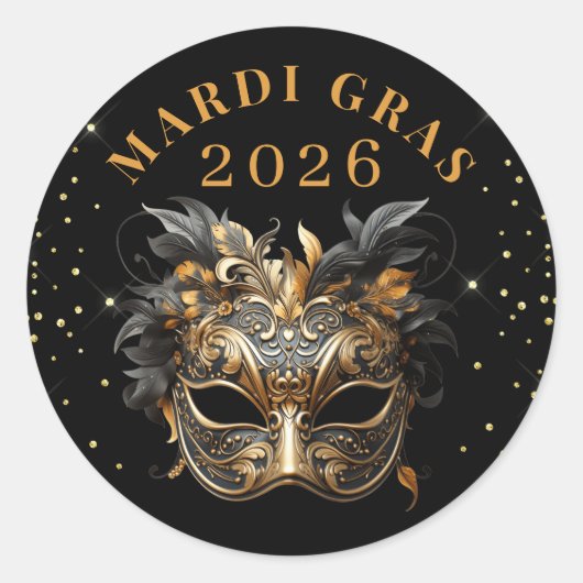 Elegant Black Gold Glitter Mardi Gras 2026 Ronde Sticker (Voorkant)