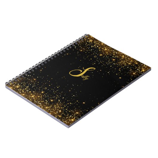 Elegant Black & Gold Glitter Monogram Script Name Notitieboek (Linkerzijde)