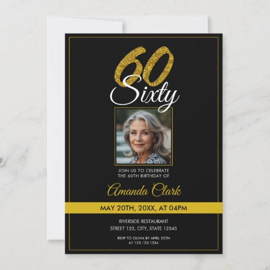 Elegant Black & Gold Glitter Photo 60th Birthday Kaart (Voorkant)