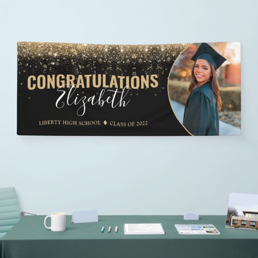 Elegant Black Gold Glitter Photo Afstuderen Spandoek (Beurs)