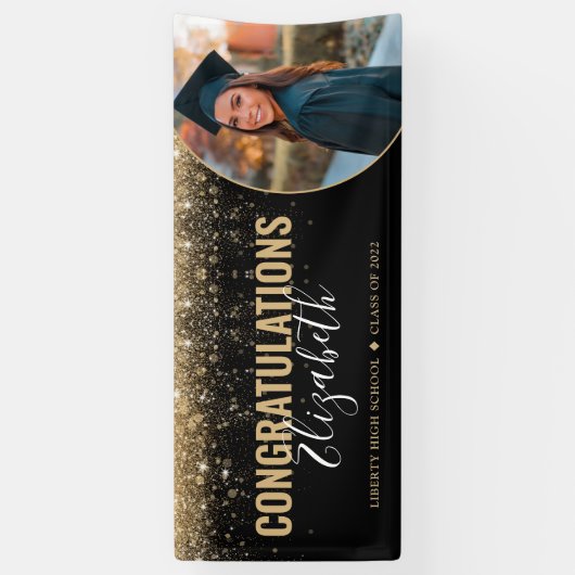 Elegant Black Gold Glitter Photo Afstuderen Spandoek (Verticaal)