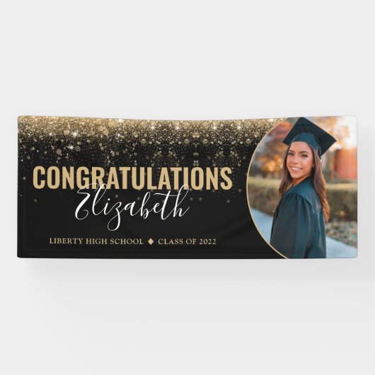 Elegant Black Gold Glitter Photo Afstuderen Spandoek (Horizontaal)