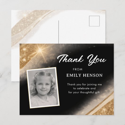Elegant Black Gold Glitter Photo Birthday Briefkaart (Voorkant / Achterkant)