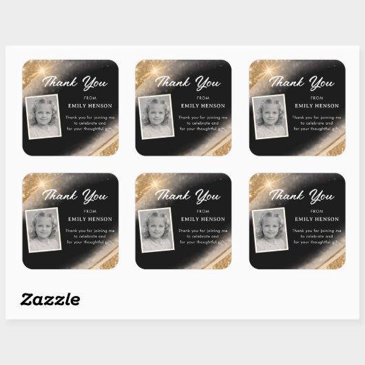 Elegant Black Gold Glitter Photo Birthday Vierkante Sticker (Vel)