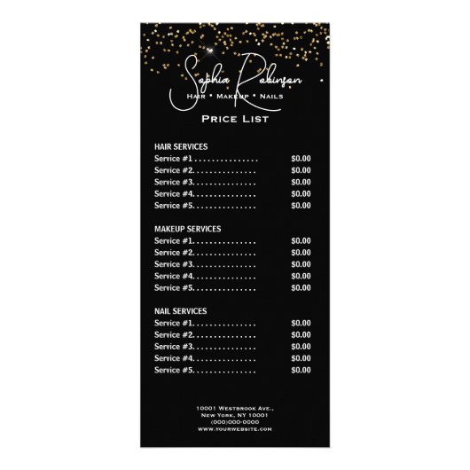 Elegant Black & Gold Glitter Price List Rack Card Reclamekaart (Voorkant)