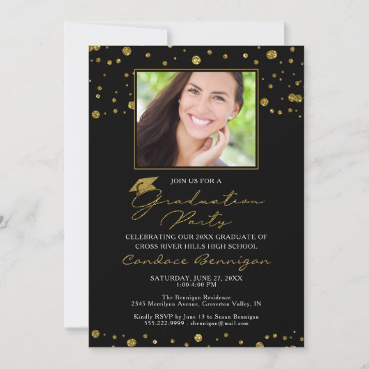 Elegant Black Gold Glitter-script Afstuderen Kaart (Voorkant)