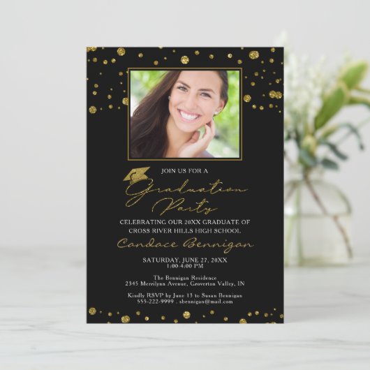 Elegant Black Gold Glitter-script Afstuderen Kaart (Staand voorkant)
