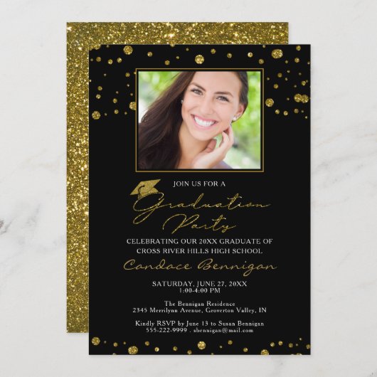 Elegant Black Gold Glitter-script Afstuderen Kaart (Voorkant / Achterkant)