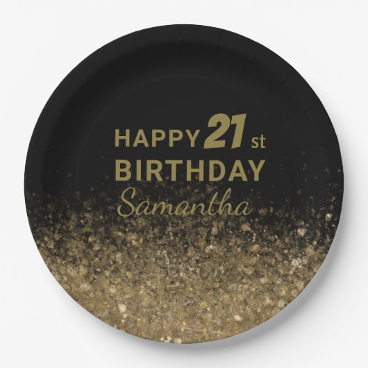 Elegant Black & Gold Glitter Sparkle Birthday Pape Papieren Bordje (Voorkant)