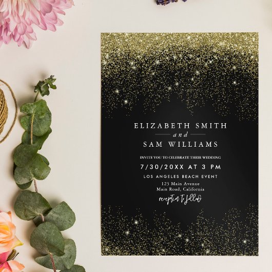 Elegant Black Gold Glitter Sparkle Modern Wedding Kaart