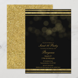Elegant Black Gold Glitter Sparkle Sweet 16 Party Kaart